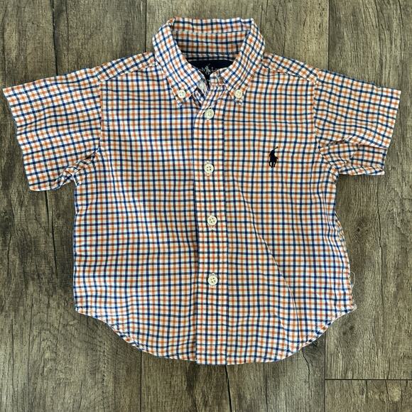 Ralph Lauren Other - Ralph Lauren Infant 9 Months Orange & Blue Gingham Plaid Short Sleeve Button Up